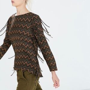 Zara Women Top Size Small‎ Brown Chevron Fringe Aztec Printed Long Sleeves